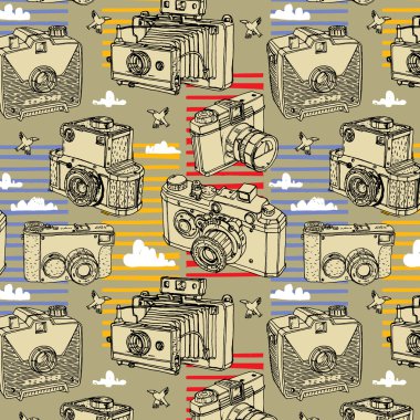 Arka plan fotoğraf makineleri ve bulutlar
