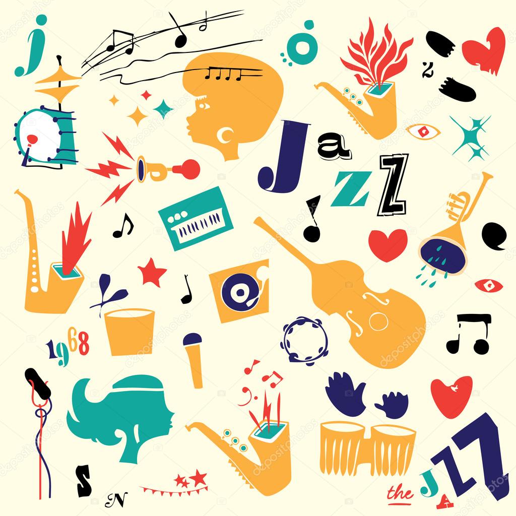 Vector set of objects, elements and symbols on the music, jazz themes.