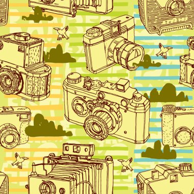 Arka plan fotoğraf makineleri ve bulutlar
