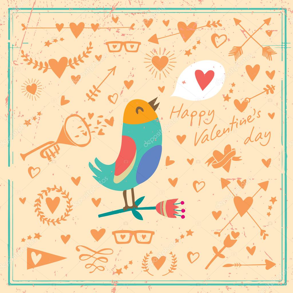 Vector cart with bird and hearts set.