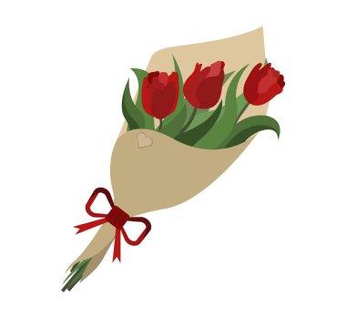 Bir buket kırmızı lale çiçeği. Tasarımınız ve selamlarınız için bahar illüstrasyonu, sevdikleriniz için kartpostallar.