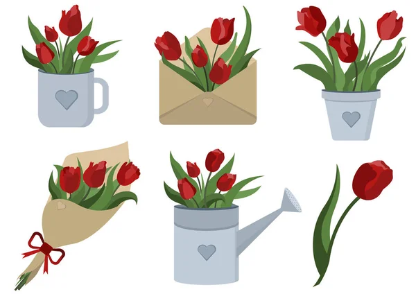 Laleler bahar kırmızı çiçekleri bir fincanda, zarfta, bahçe sulama kutusunda dizayn edilir. — Stok Vektör