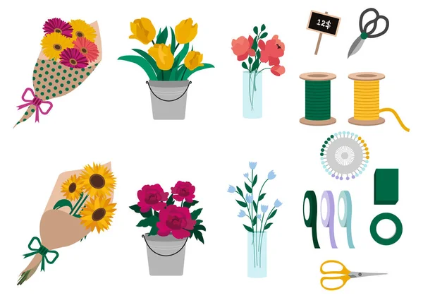 Blommor, bukett och florist instrument som. Blommor butik — Stock vektor