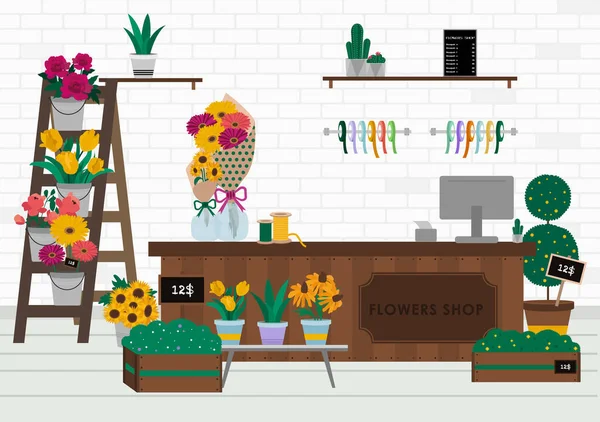 Boutique de fleurs vue intérieure. Fleuriste — Image vectorielle