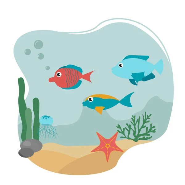 Ψάρια στον ωκεανό. Κάτω από τη ζωή στο νερό, θαλάσσια ζώα — Διανυσματικό Αρχείο