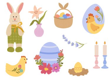 İçinde yay, tavuk, süslü yumurta, renkli yumurta dolu bir sepet, çiçekli bir vazo, tutacaklı iki mum ve içinde küçük bir yuva bulunan bir tavşanın yer aldığı Paskalya temalı öğeler.