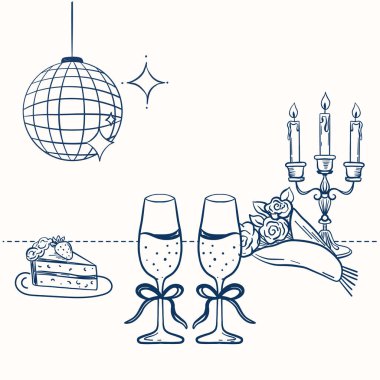 Kurdeleli şampanya bardakları, bir buket çiçek, tabakta bir dilim pasta, bir şamdan ve ışıl ışıl detaylarla dolu bir disko topunun yer aldığı dekoratif bir kompozisyon. Elementler...