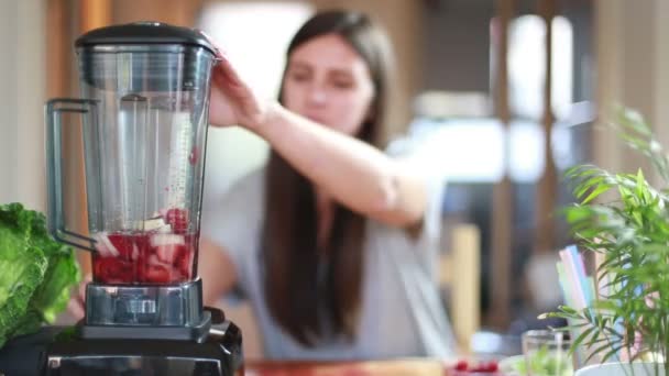 Mujer mezclando frutas en licuadora — Vídeo de stock