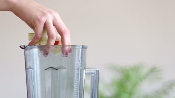 Mulher colocando frutas no liquidificador — Vídeo de Stock