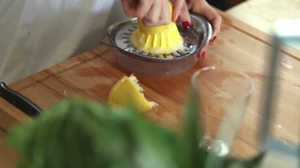 Verter jugo de limón en el vaso — Vídeos de Stock