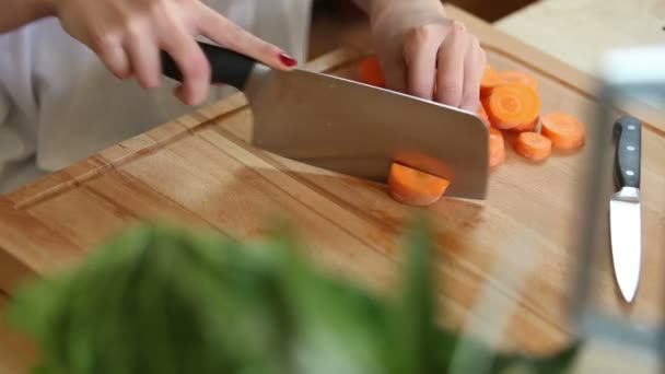 Vrouw handen snijden van de wortel — Stockvideo