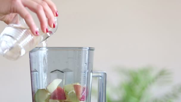 Nő Pouring a vizet a turmixgépben — Stock videók