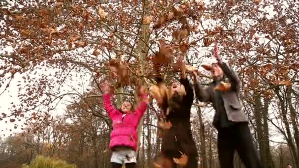 Família jogando folhas no parque — Vídeo de Stock