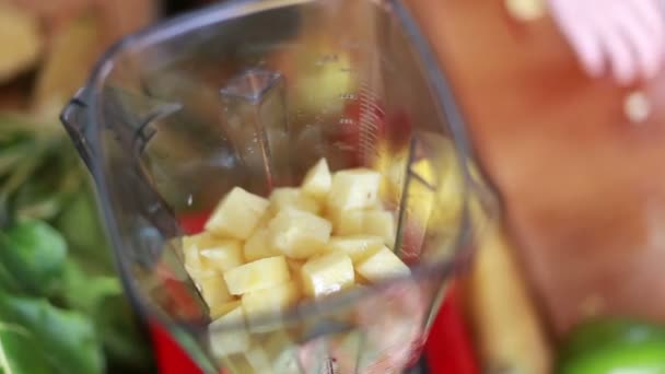 Hands putting pieces of pineapple in blender — 图库视频影像