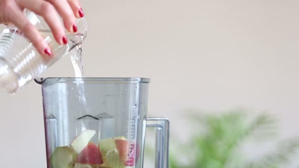 Mulher derramando água no liquidificador com frutas — Vídeo de Stock