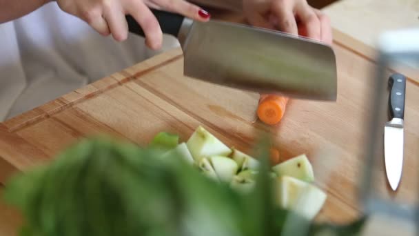 Vrouw handen snijden van de wortel — Stockvideo