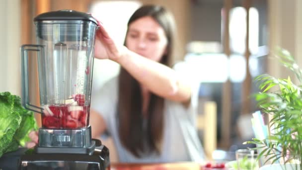 Mujer mezclando frutas en licuadora — Vídeo de stock