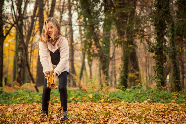 Child plays with leaves in park — Stock Photo, Image
