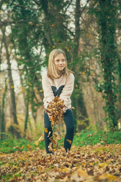 เด็กเล่นกับใบไม้ในสวนสาธารณะ — ภาพถ่ายสต็อก