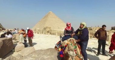 Turist piramitleri önünde bir deve üzerinde 