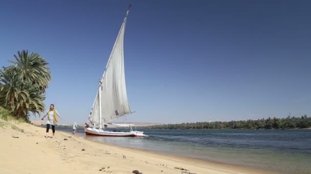 Женщина, идущая по берегу Нила — стоковое видео