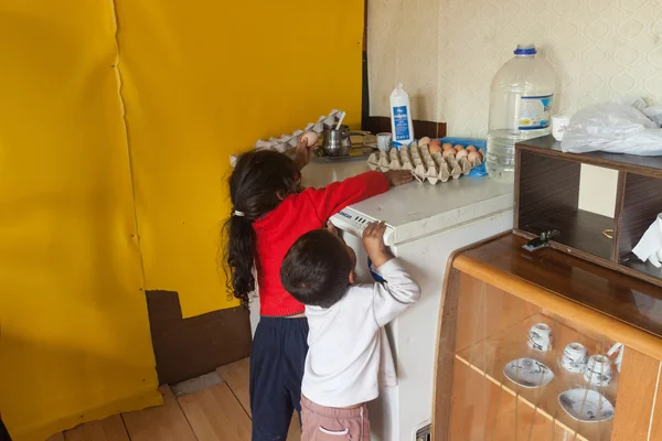 Roma niños agarrando caja de huevos —  Fotos de Stock