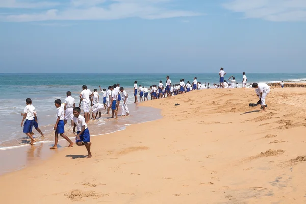 Okul çocukları deniz kaplumbağası çiftlik ve kuluçka plajda grup — Stok fotoğraf