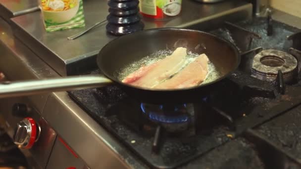 Fish frying in a pan — Stock Video