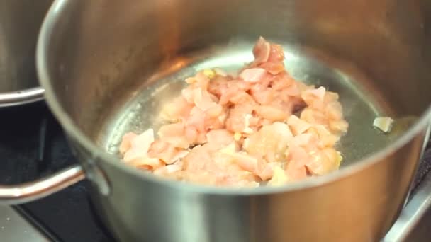Свежее мясо в кастрюле — стоковое видео