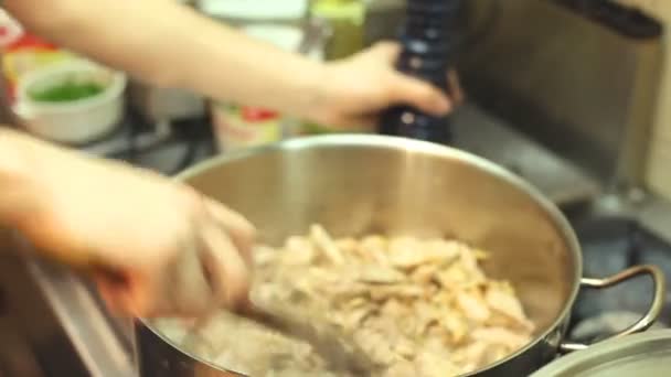 Chef-kok dressing schotel — Stockvideo