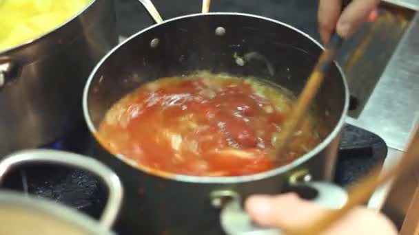 Chef revolviendo salsa — Vídeo de stock