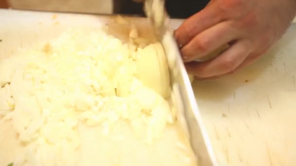 Chef slicing onions — Stock Video