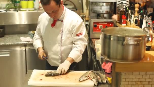 切割和清洁鱼的厨师 — 图库视频影像