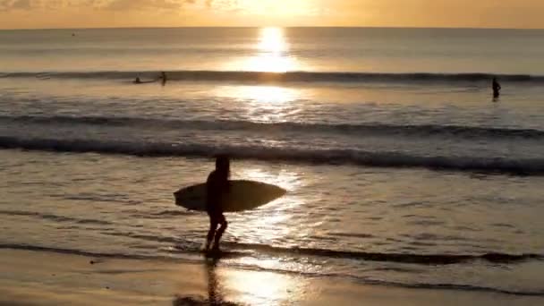 Surfboard ile kumsalda yürüyen kadın — Stok video