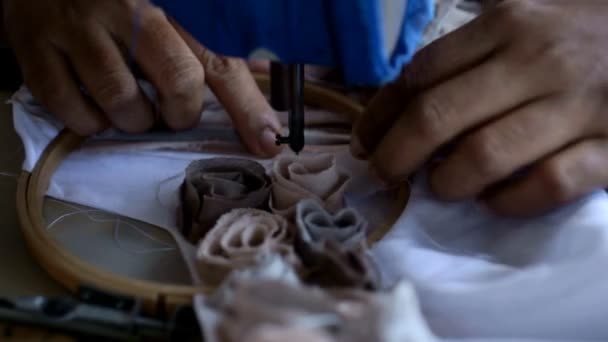 Woman stitching in small workshop — Stock Video