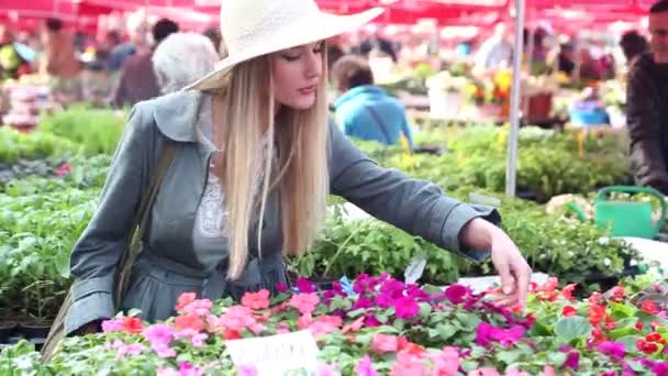 Mujer sosteniendo flor en el mercado — Vídeo de stock