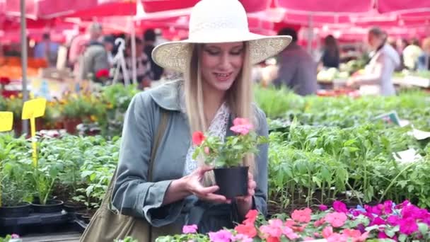 Vrouw bedrijf bloem in de markt — Stockvideo