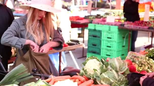 Meisje op de markt betalen voor groenten — Stockvideo