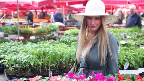 Nőt, sétál a virágpiac — Stock videók