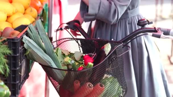 Bicicleta con cesta, llena de frutas y verduras — Vídeos de Stock