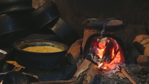 Brinnande eld värme en pott — Stockvideo