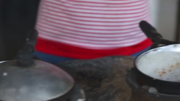 Woman cooking food on the side of the street — Stock Video