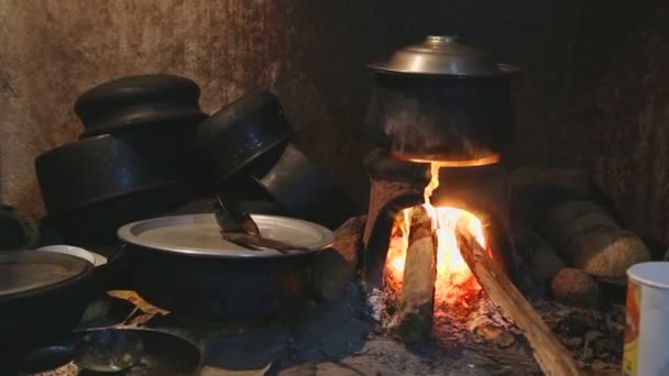 Brandende vuur verwarming een pot — Stockvideo