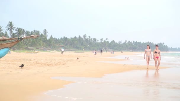 Women and child walking on beach — Stock Video