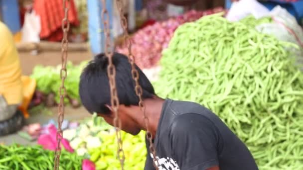 Jovem local vendendo legumes — Vídeo de Stock