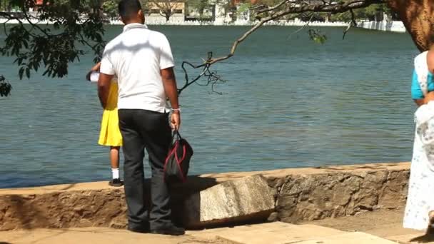 Man with his daughter along side the lake — Stock Video