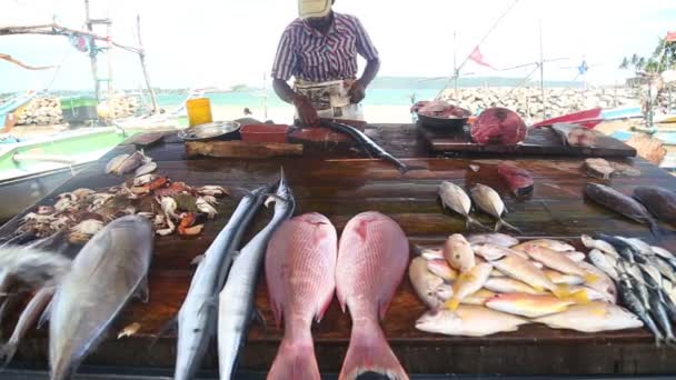 Lokal man skära fisk på Hikkaduwa söndagsmarknaden — Stockvideo