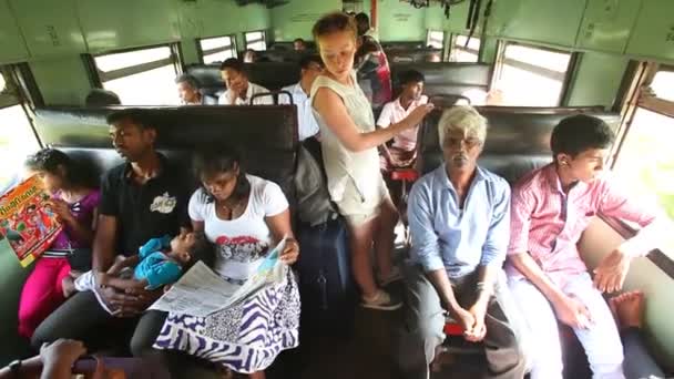 Osoby siedzącej i stojącej w pociągu — Wideo stockowe