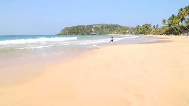 Женщина прогуливается по красивому песчаному тропическому пляжу — стоковое видео