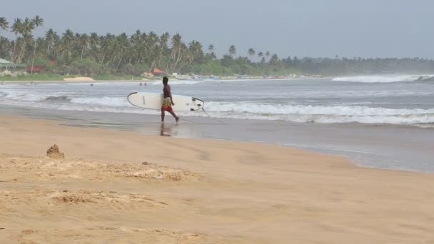 The view of a surfer on the beach in Weligama — Stock Video